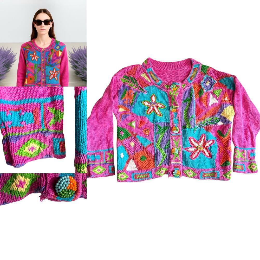 Floral Embroidered‎ Knit Pink Sweater with Beaded Buttons - Picture 2 of 9